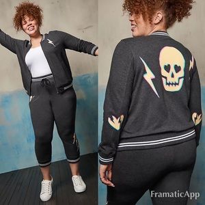NWT TORRID Relaxed Bomber Jacket - Fleece Lovesick Skull Bolt Charcoal Heather